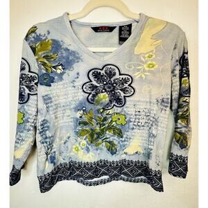 Vtg Y2K Three Hearts Blue Floral Whimsy Cottage Blouse Size Medium